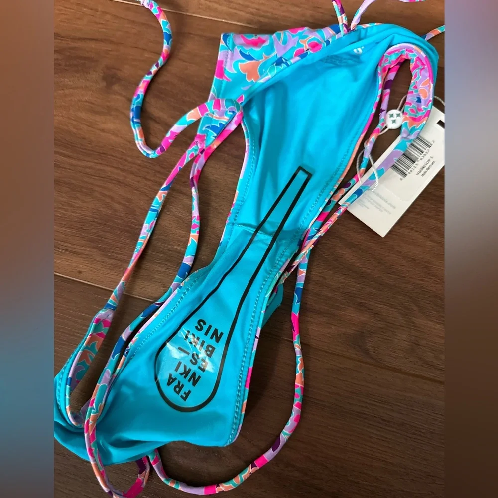 Frankies Bikinis Halo (Bottom Only) Blue Pink Paisley String Bikini Bottoms NWT